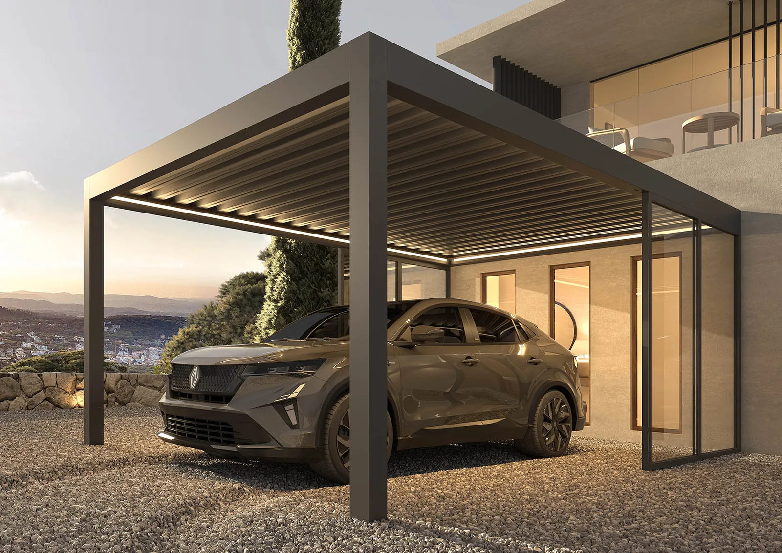Geschlossenes Dach eines Pinela Delight Carports von der Unterseite mit LED-Beleuchtung