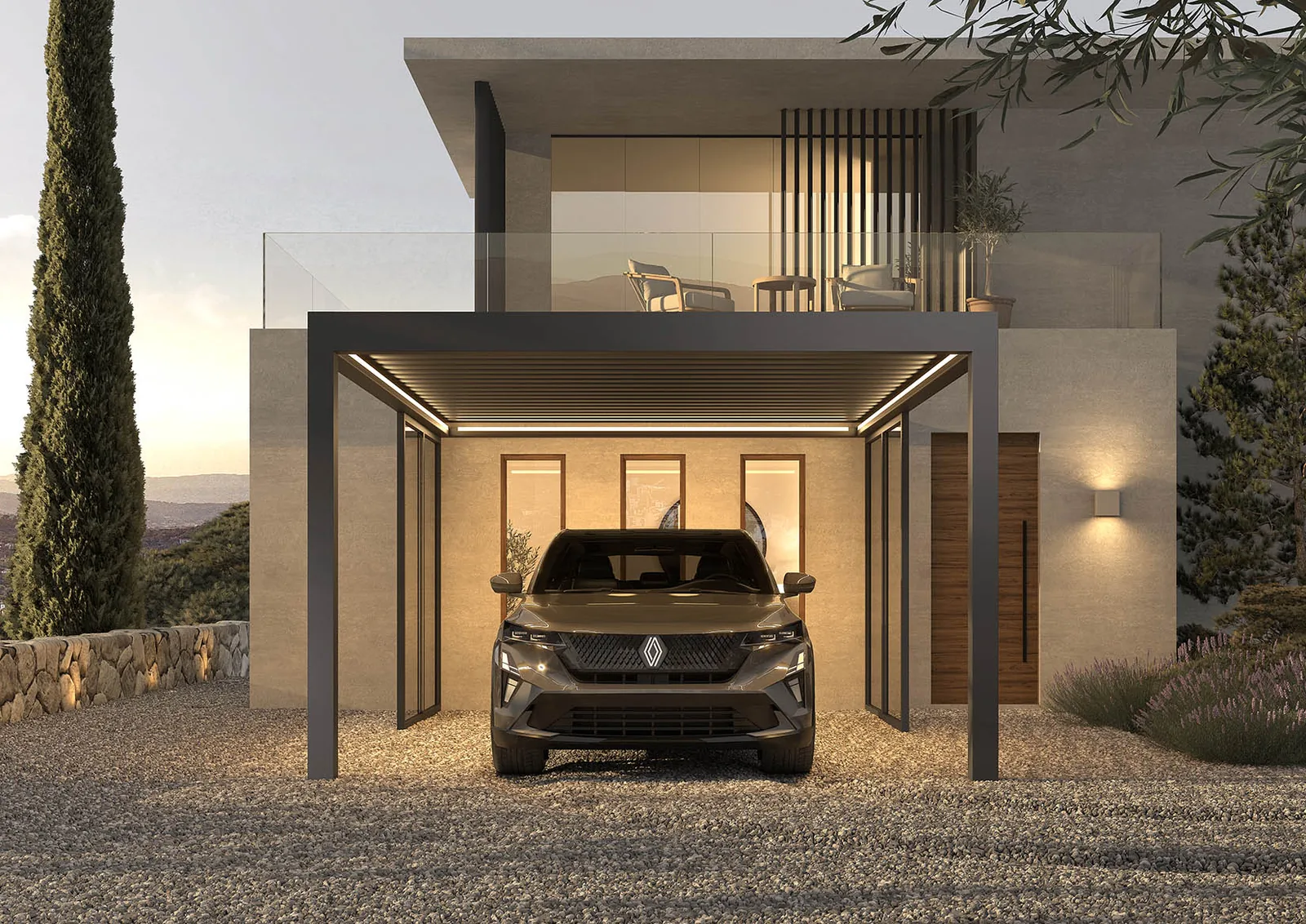 Carport Pinela Delight in Anthrazit mit geschlossenem Dach und LED-Beleuchtung vor einem modernen Wohnhaus